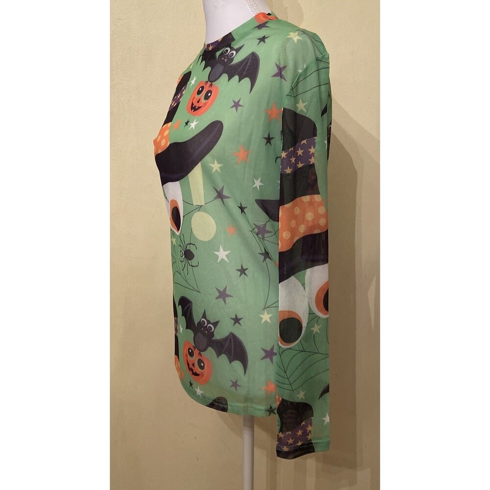 Halloween mesh long sleeve shirt Womens Medium New Pumpkin Bat Witch Spider Web - Picture 4 of 8